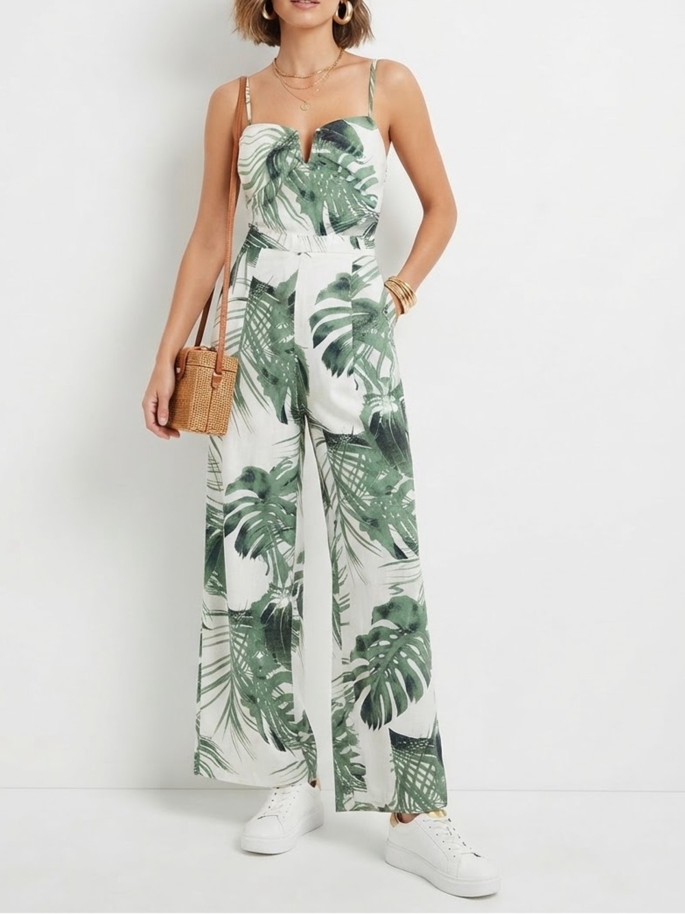 Fashion Nova White & Green Tropical Print Jumpsuit